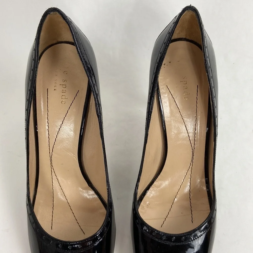 Kate Spade Giselle Oxford Patent Leather Peep Toe Perforated Trim Black Heels